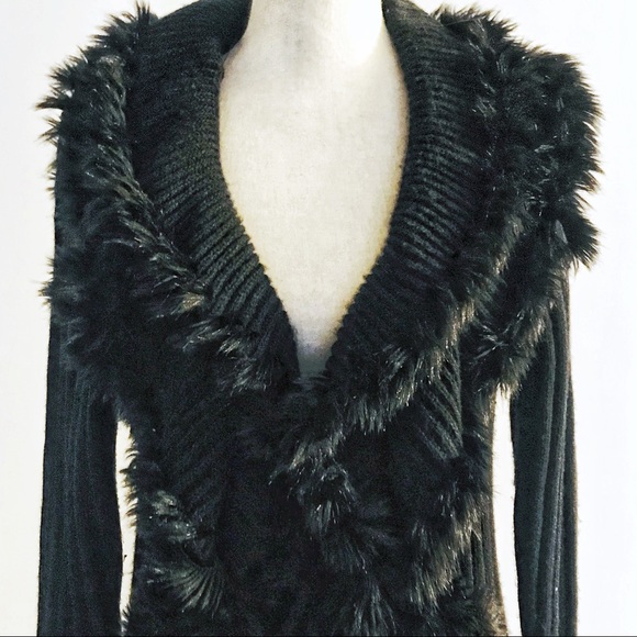 Alfani Black Knit Duster Cardigan Faux Fur Collar - Picture 3 of 7